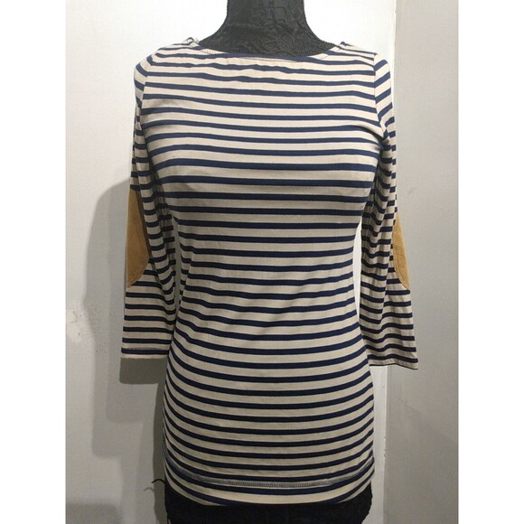 Happening In‎ The Present beige Navy Blue Stripe Microfiber Elbow Tunic Size M - Picture 1 of 6